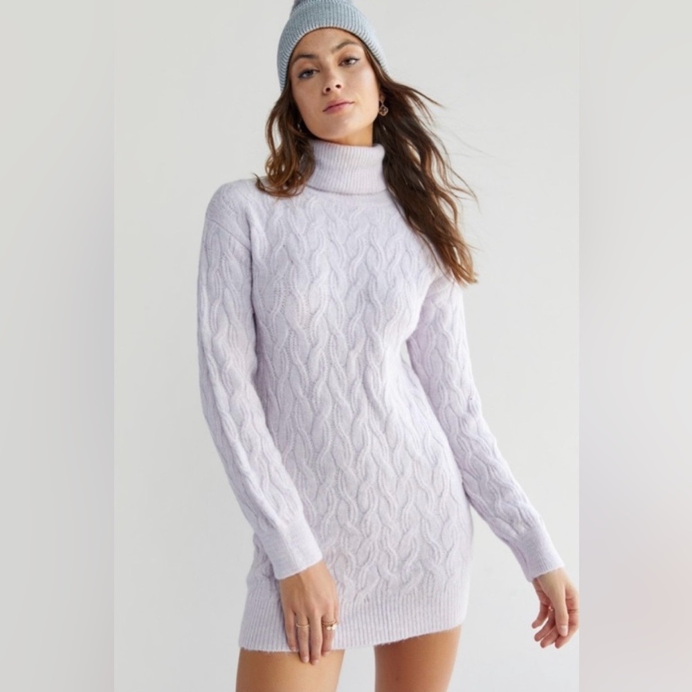 Lavender Cable Knit Turtleneck Sweater Dress